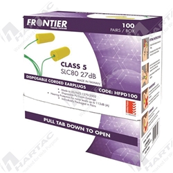 Frontier Disposable Ear Plugs Corded, CL5 29dBA Box of 100 Pairs