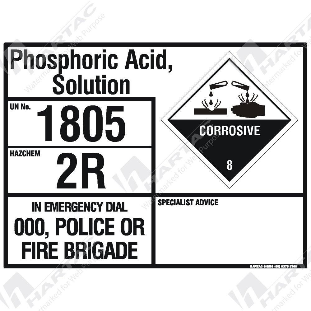 Emergency Information Panel Hazchem Sign Eip Phosphoric Acid Solution Company Name Hartac Australia