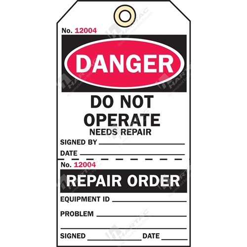 2-Part Production Tag "Danger Do Not Operate Needs Repair" (Pack of 100) - 75mm x 100mm