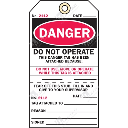 2-Part Production Tag "Danger Do Not Operate" (Pack of 100) - 75mm x 100mm