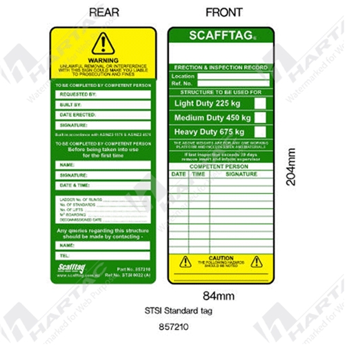Scafftag Std Green Inserts 83*204mm (pk50)