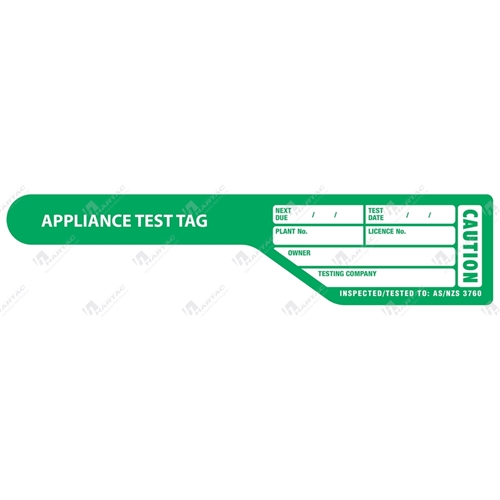 Appliance Test Tags Green Cricket Bat Shape Flag Tag c/w Clamping Clips Pk100