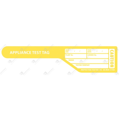 Appliance Test Tags Yellow Cricket Bat Shape Flag Tag c/w Clamping Clips Pk100