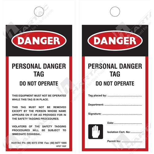 Hartac Poly Tag 75*160 Personal Danger (MOQ 20)