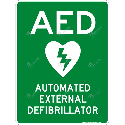 225*300 Alum Comp Non-Ref AED Automated External Defibrillator White on Green