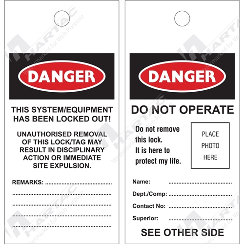 Hartac Poly Tag 75*160 Danger Do Not Operate with photo Self Laminate