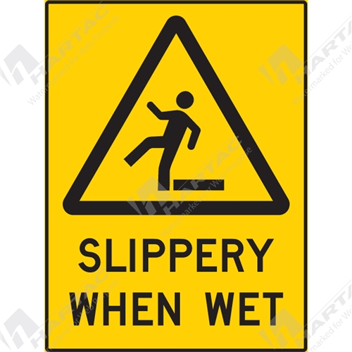 225*300 Warn Poly Non-Ref Slippery When Wet With Picto Black on Yellow