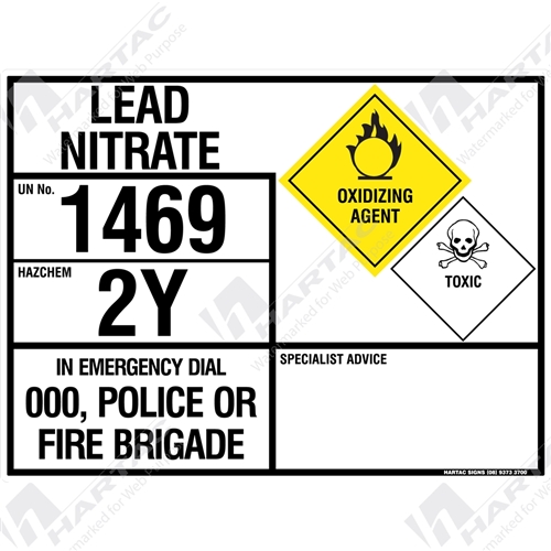 Hs6870 Hazchem Eip Lead Nitrate Metal Non Reflective Un1469 Hazcode 1y Class 5 1 Subclass 6 1 800mm X 600mm Hartac Australia