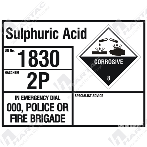 HS6902 Hazchem (EIP) "Sulphuric Acid" Metal NonReflective (UN1830 HazCode2P Class8) 800mm