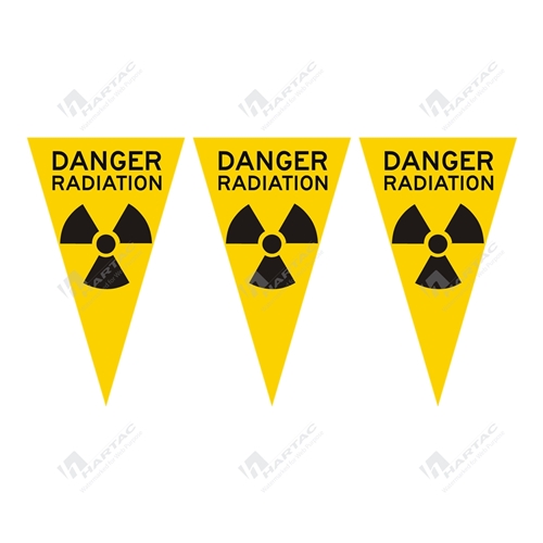 30mtr Roll Yellow Bunting Flags 185x220mm Danger Radiation w/ Radiation Picto