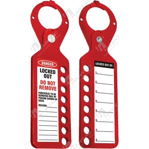TAGO Labelled Lockout Hasp Red 8x 10mm Holes 38mm Jaw