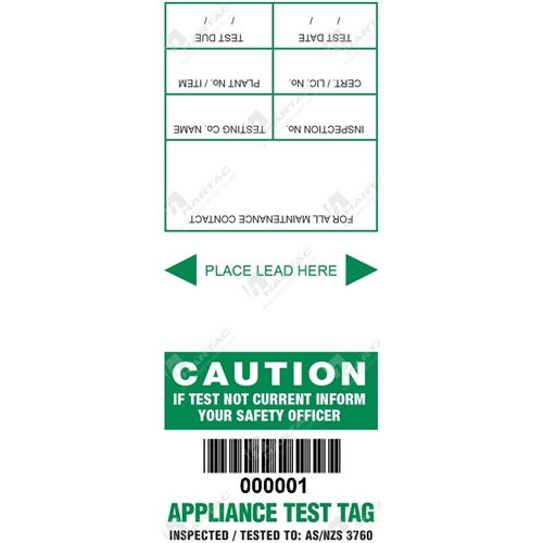 Self Laminating Appliance Test Tags Green Pk100