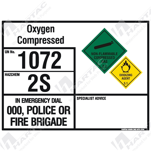 Emergency Information Panel Hazchem Sign (EIP) Oxygen Compressed